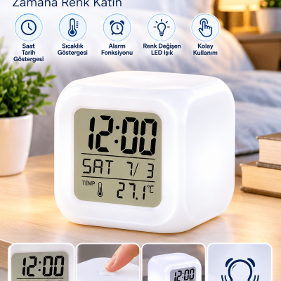 LED Aydınlatmalı Küp Saat Dijital Alarm Tarih ve Sıcaklık Göstergeli