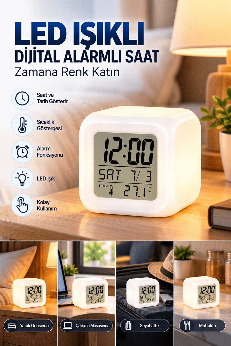 Dijital Ekranlı Küp Saat LED Işıklı Alarm ve Sıcaklık Göstergeli