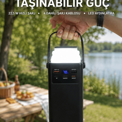 LED Aydınlatmalı Powerbank 50.000 mAh 22,5 W Hızlı Şarj 4 Dahili Kablolu Dijital Pil Göstergeli Batarya
