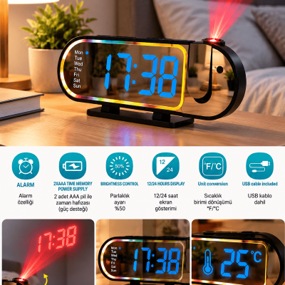 LED Dijital Masa Saati Şık Tasarım Alarm Özelliği Parlaklık Ayarı Sıcaklık ve 12 24 Saat Gösterimi