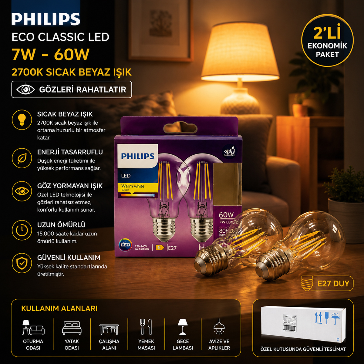 LED Filament Rustik Ampul E27 7W 806 Lumen Cam Gövde