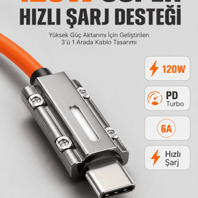 LED Göstergeli 120W PD Turbo Destekli Premium 3'ü 1 Arada Şarj Kablosu