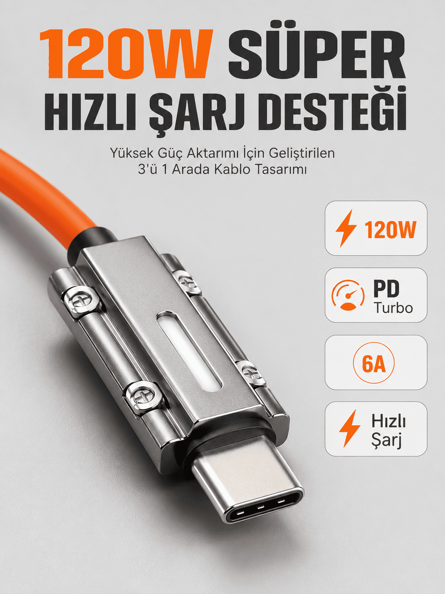 LED Göstergeli 120W PD Turbo Destekli Premium 3'ü 1 Arada Şarj Kablosu
