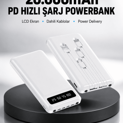 LED Işıklı 20.000mAh Powerbank LCD Gösterge Dahili Çoklu Kablo Yeni Nesil