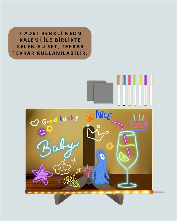 LED Işıklı Şeffaf Yazı Tahtası – Neon Etkili Akrilik Pano, Silinebilir, 7 Renkli Kalemli, 30x20 cm