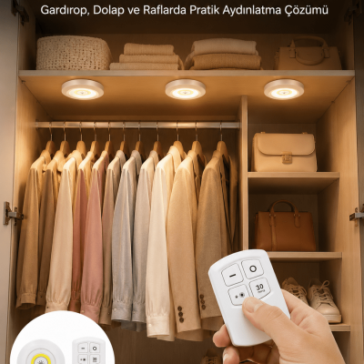 Led Lamba 3'lü Uzaktan Kumandalı Yapışkanlı Beyaz Işık
