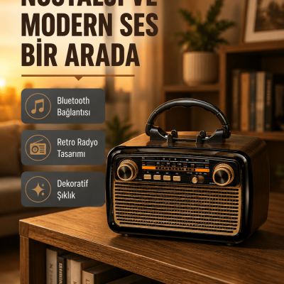 LED’li Nostaljik Bluetooth Hoparlör – Vintage Tasarım, Ahşap Doku