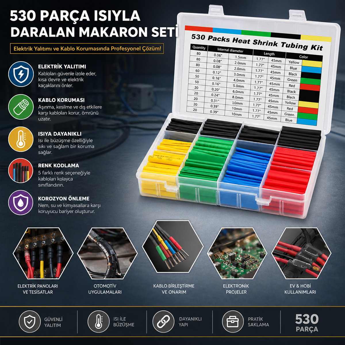 Makaron Kablo Tamir Seti 530 Parça Isıyla Daralan