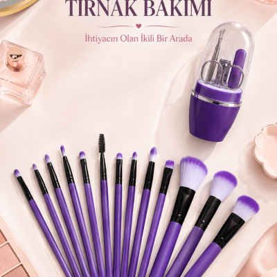 Makyaj ve Tırnak Bakım Seti 12’li Mor Makyaj Fırçaları Manikür Pedikür Seti Günlük Kişisel Bakım Paketi
