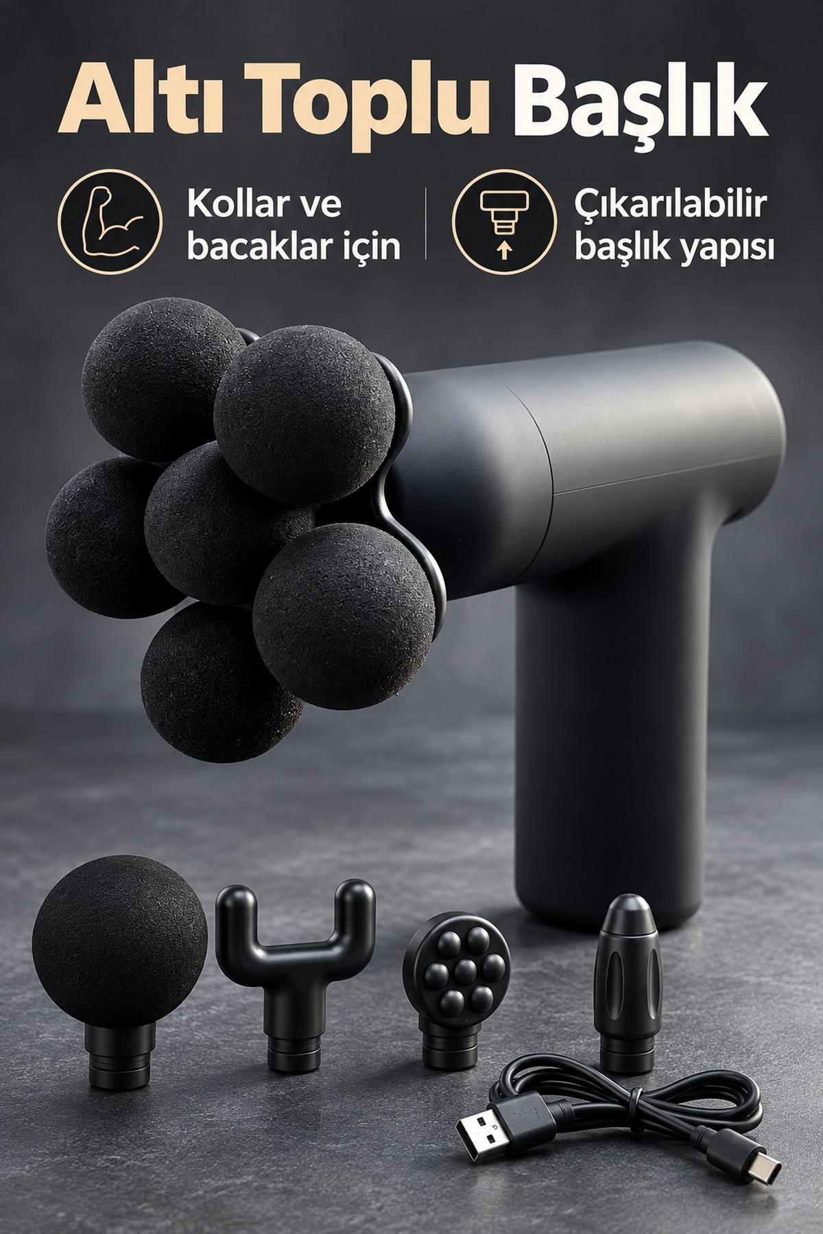 Masaj Tabancası 5 Değiştirilebilir Başlıklı Şarjlı Siyah Masaj Aleti