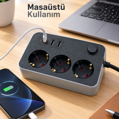 Masaüstü Kullanıma Uygun Anahtarlı USB ve Type C Çıkışlı Termal Akım Korumalı Priz