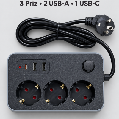 Ev ve İş Yerleri İçin Açma Kapama Düğmeli USB ve Type C Bağlantılı Çoklu Uzatma Prizi