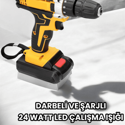 Metal Dişli 24W Akülü Matkap -Çift Bataryalı ve LED Çalışma Işığı ile Tam Set