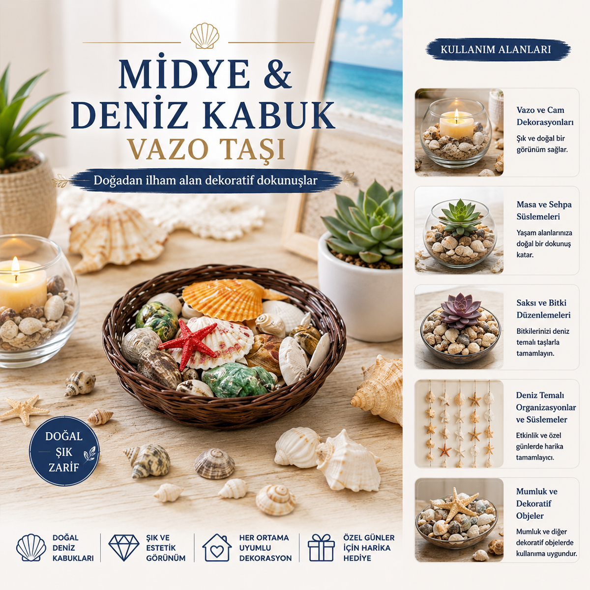 Midye ve Deniz Kabuklu Vazo Taşı - Yuvarlak Ahşap Sepet Uyumlu
