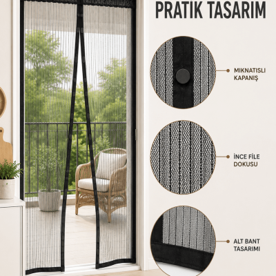 Mıknatıslı Kapı Sinekliği Otomatik Kapanan Siyah File Balkon ve Teras Sinekliği