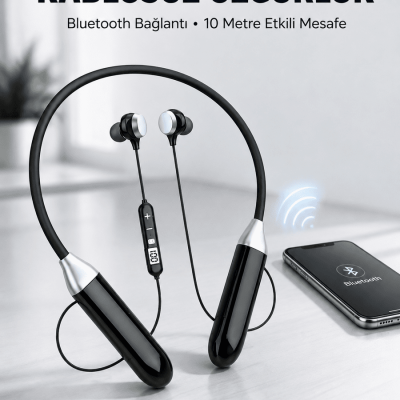Mikrofonlu Boyun Bantlı Bluetooth Kulaklık Kablosuz Bağlantılı Ses ve Müzik Kontrollü Kulak İçi Kulaklık