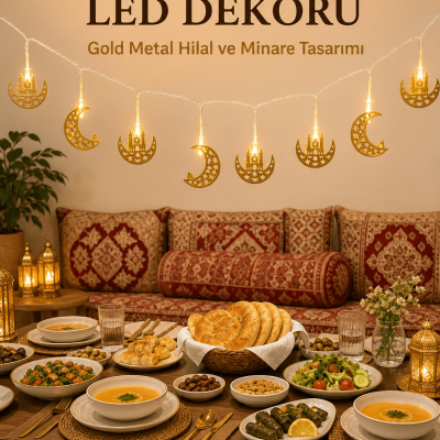 Minareli Hilal LED Işık Gold Metal Gövdeli Pilli Ramazan Dekoru