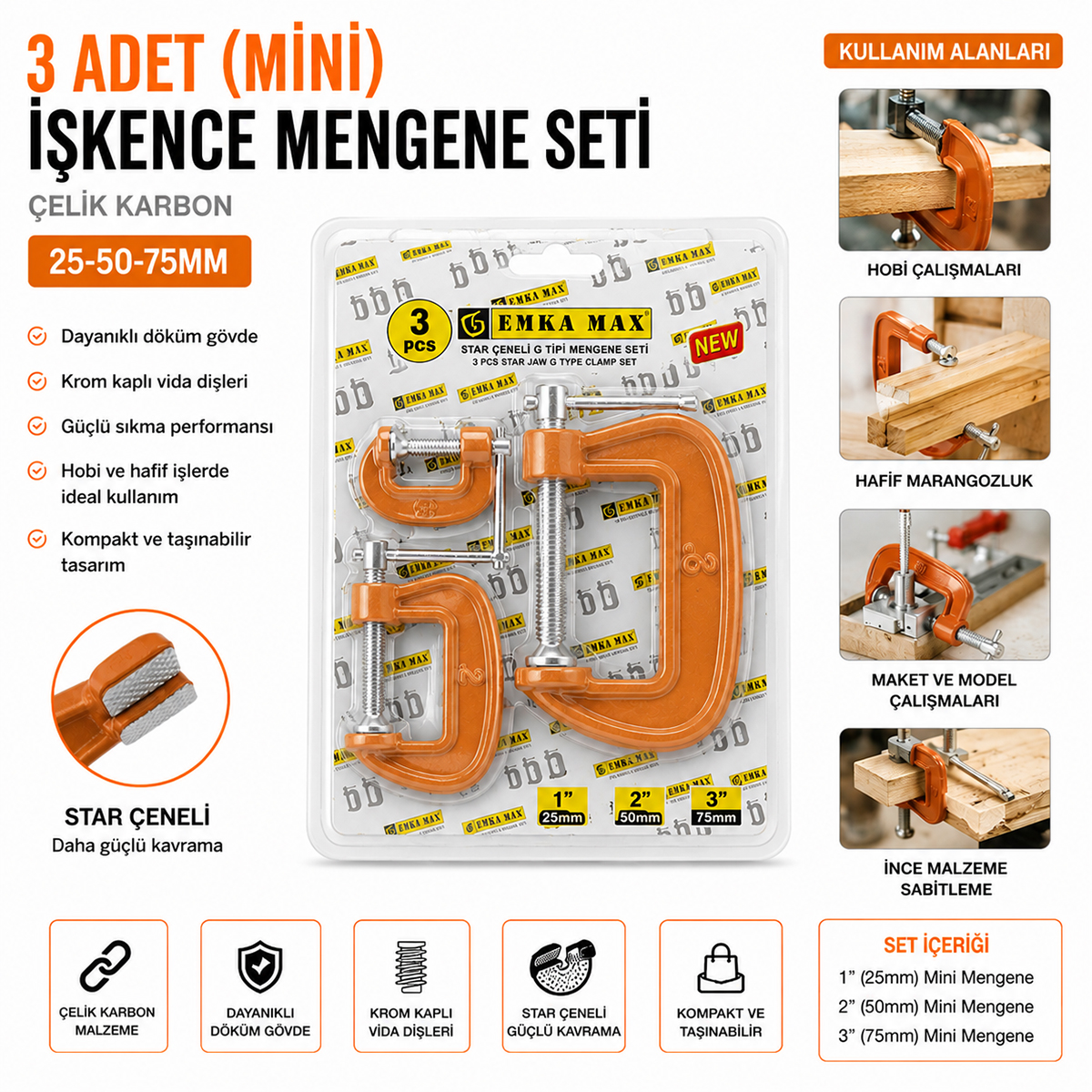 Mini Mengene Seti (25-50-75 mm) Karbon Çelik