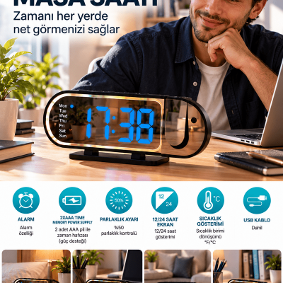 Modern Dijital LED Masa Saati Alarm Özellikli 12 24 Saat Seçenekli Sıcaklık Göstergeli Ekran