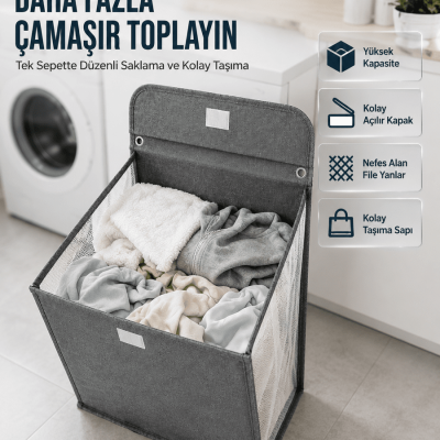 Modern Tasarımlı Duvara Monte Kirli Çamaşır Sepeti Pratik Saklama Çözümü