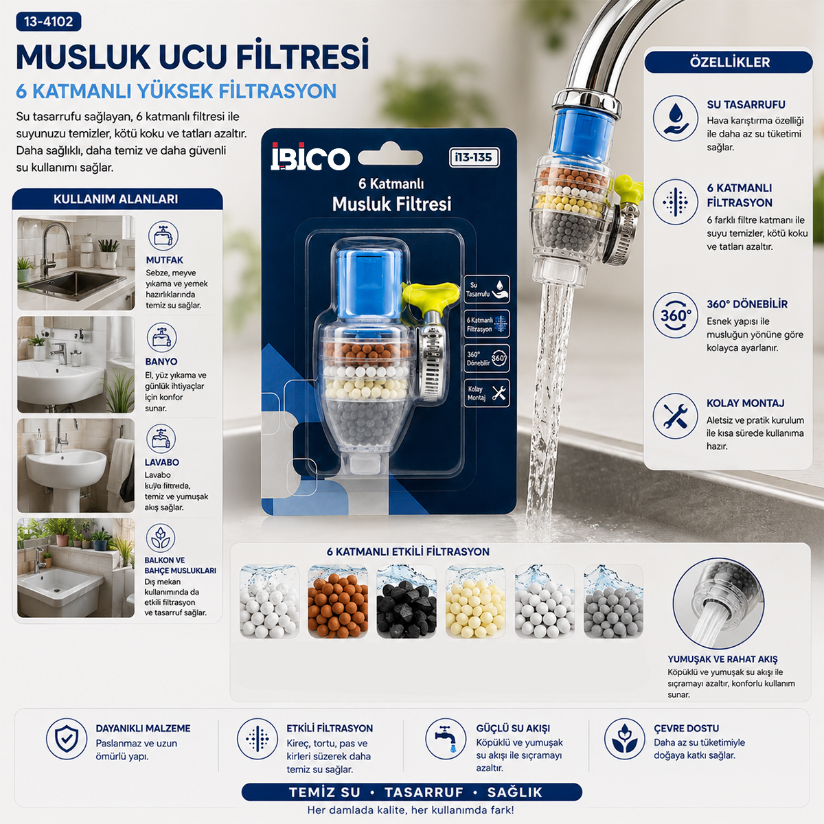 Musluk Ucu Filtre 6 Katmanlı 360° (16-19mm Uyumlu)