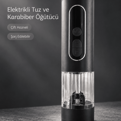 Mutfak ve Sofra Kullanımına Uygun Çift Hazneli Elektrikli Tuz Karabiber Öğütücü