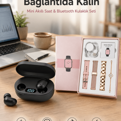 Nabız Ölçer Hediye Bileklikli Akıllı Saat ve Dijital Göstergeli Bluetooth Kulaklık Çoklu Şarj Girişi