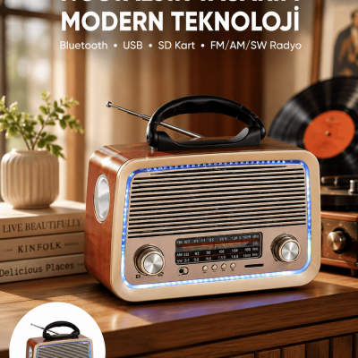 Nostalji Bluetooth Radyo FM AM SW Ahşap Eskitme Tasarım Yeni Nesil