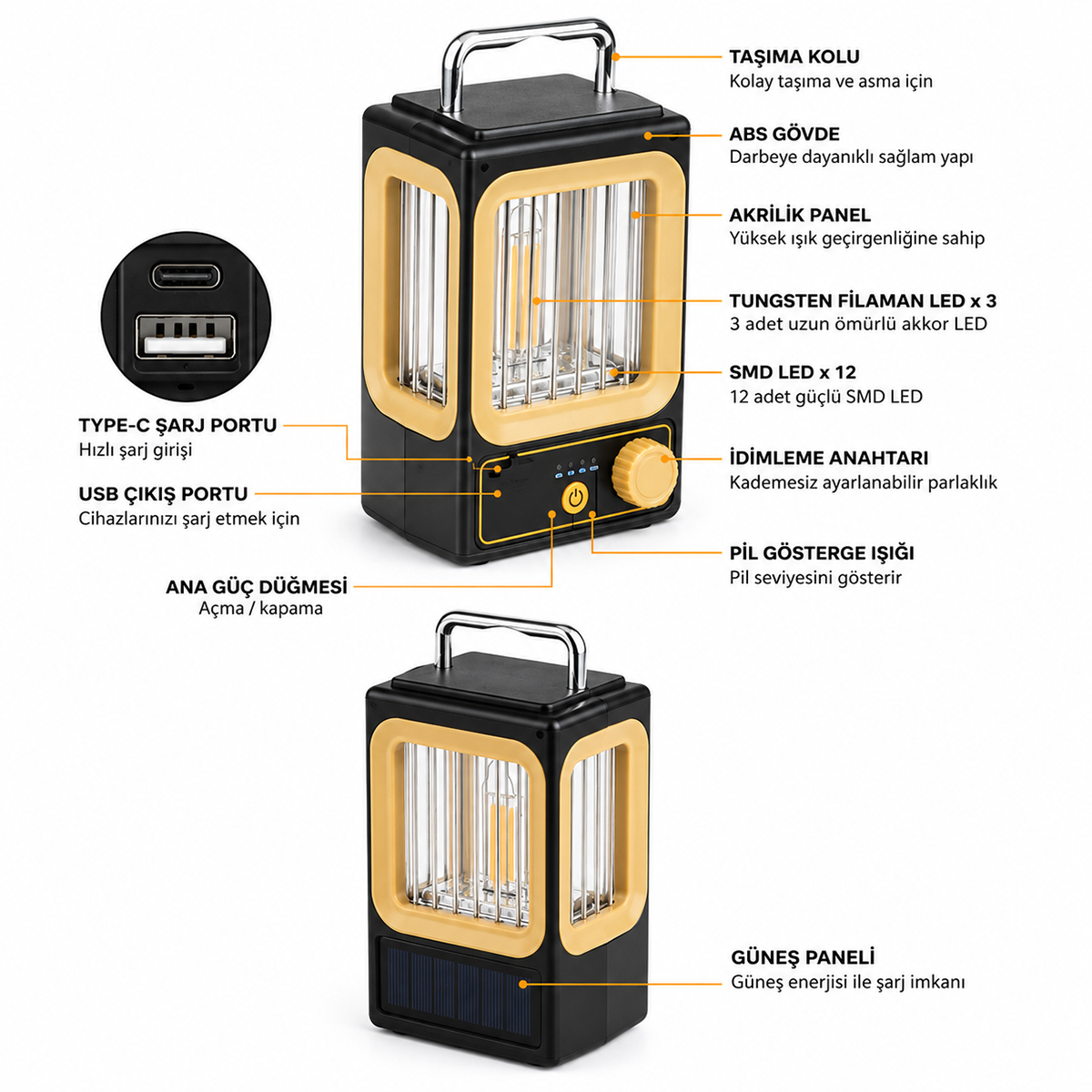 Nostalji Solar Lamba - USB Şarjlı 1500mAh