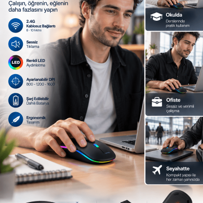 Ofis Ev Okul Kullanımına Uygun Şarjlı Kablosuz Mouse