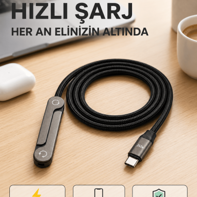 Örgülü 240W Type-C Katlanabilir Telefon Standlı Şarj Kablosu