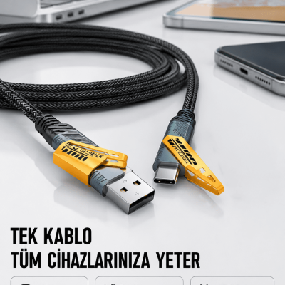 Örgülü Tasarım 4’ü 1 Arada USB-C Lightning Hızlı Şarj Kablosu