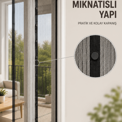 Otomatik Kapanan Mıknatıslı Sineklik Kapı Filesi Pratik Geçişli Siyah Model