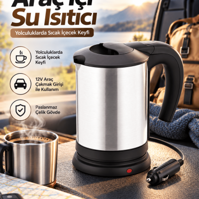 Otomobilde Kullanıma Uygun 12V Çakmak Soketli Paslanmaz Çelik Pratik Su Isıtıcı Kettle