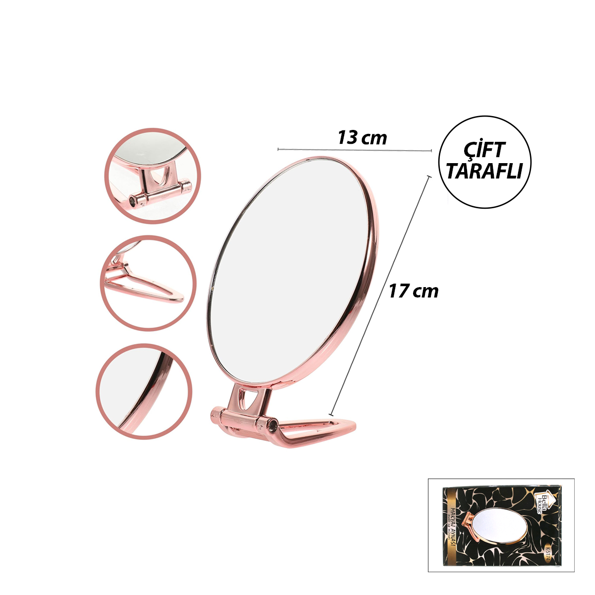 Oval Çift Taraflı Makyaj Aynası 16.5x13 cm Katlanır Ayaklı Bakır