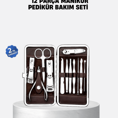 Özel Deri Çantalı 12 Parça Manikür Pedikür Bakım Seti Paslanmaz Çelik