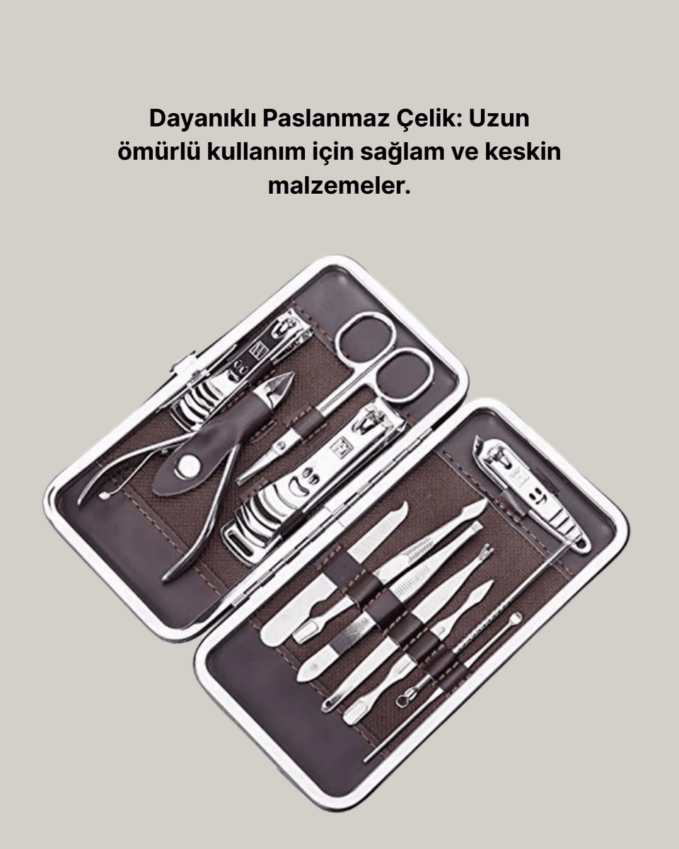 Özel Deri Çantalı 12 Parça Manikür Pedikür Bakım Seti Paslanmaz Çelik