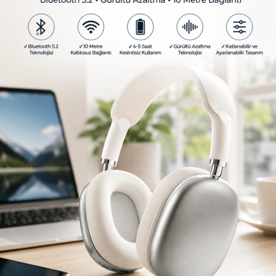 P9 Plus Kablosuz Kulak Üstü Bluetooth Kulaklık Beyaz Yüksek Ses Kaliteli