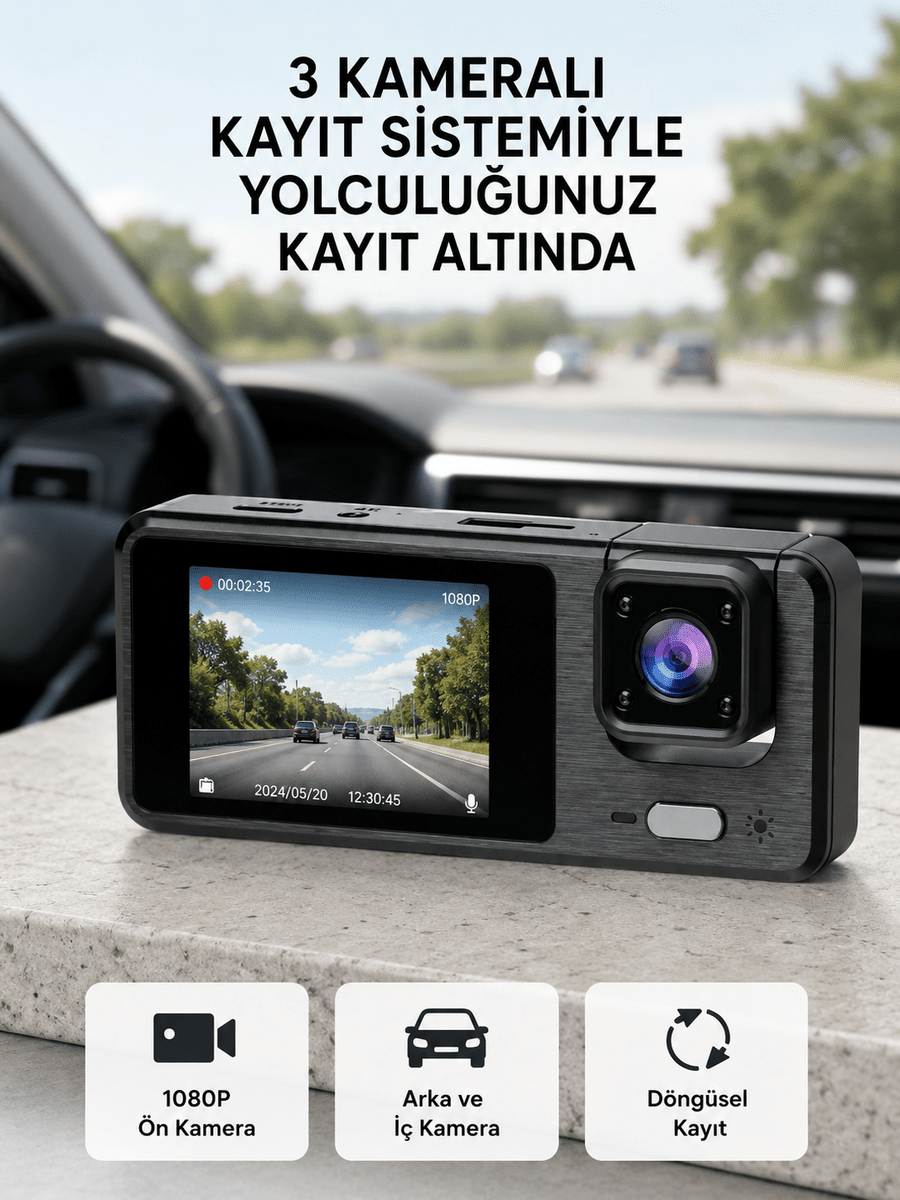 Park Modlu 3 Kameralı Araç Kayıt Cihazı 1080P Ön Kamera 2’’ Ekran