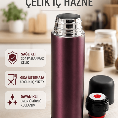 Paslanmaz Çelik Seyahat Termosu Tek Tuşlu Vakumlu Kahve ve Çay Termosu