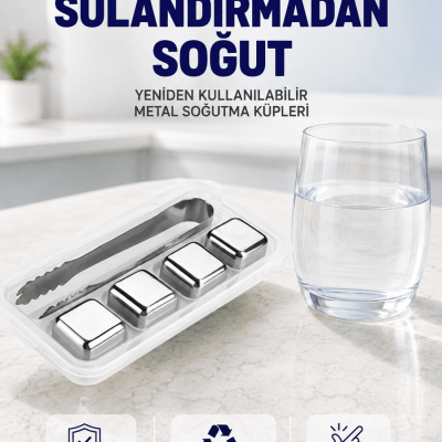 Paslanmaz Çelikten Üretilmiş Metal Buz Küpü Seti ve Buz Klipsi