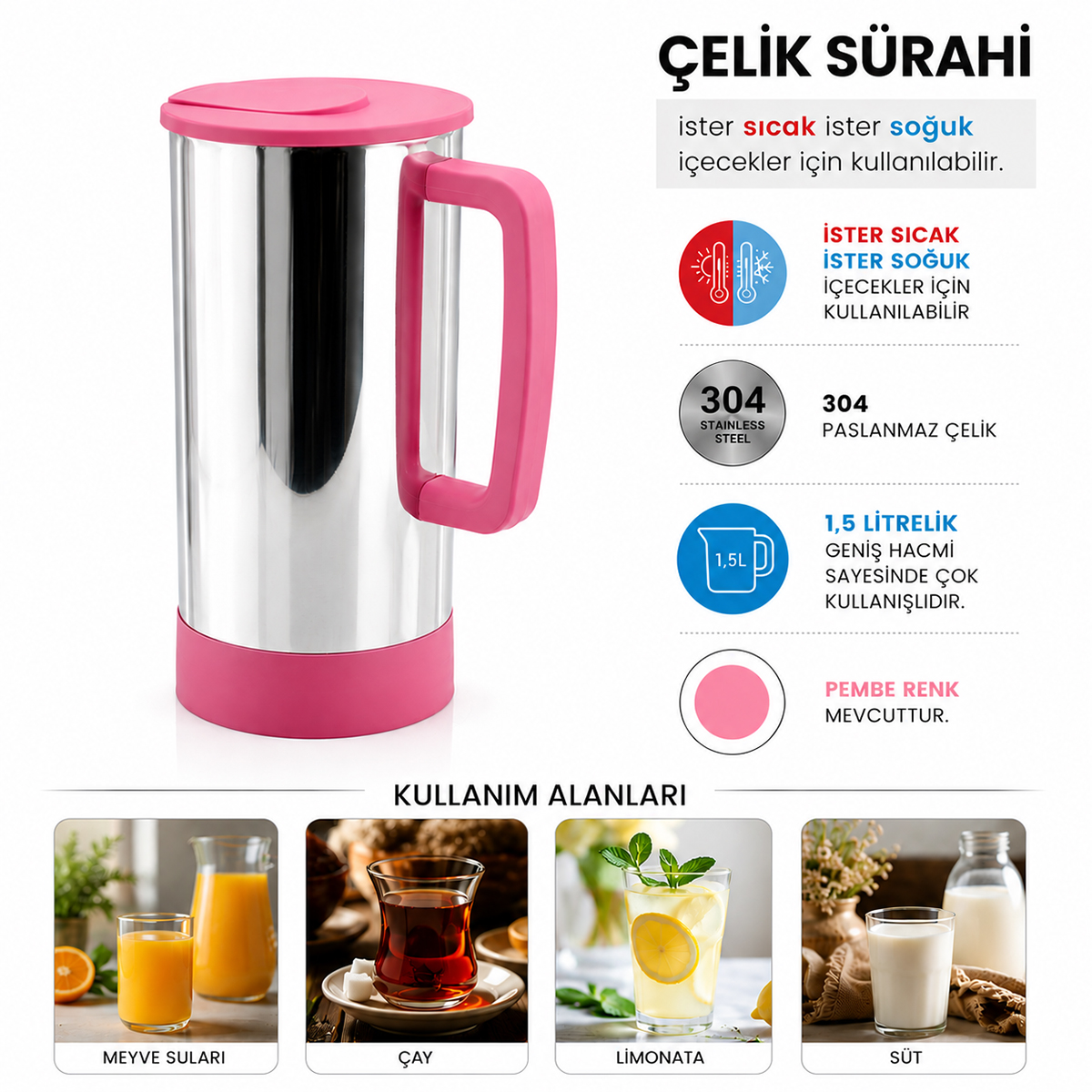 Pembe Paslanmaz Çelik Sürahi - Sıcak & Soğuk İçecekler İçin