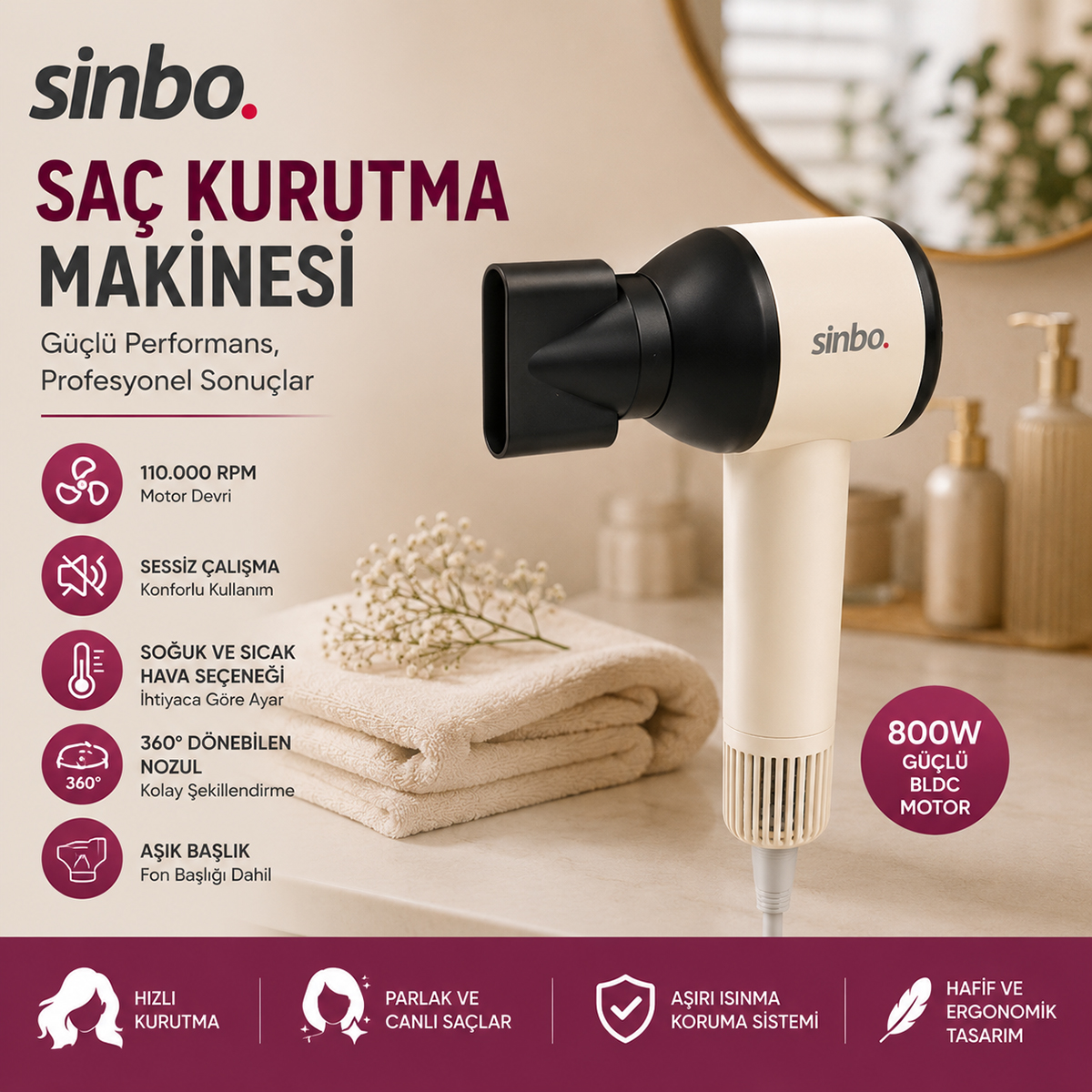 Pembe Saç Kurutma Makinesi - 110.000 RPM, 3 Hız & Isı Ayarı