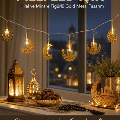 Pilli Minareli Hilal LED Işık Gold Metal Ramazan Dekorasyonu