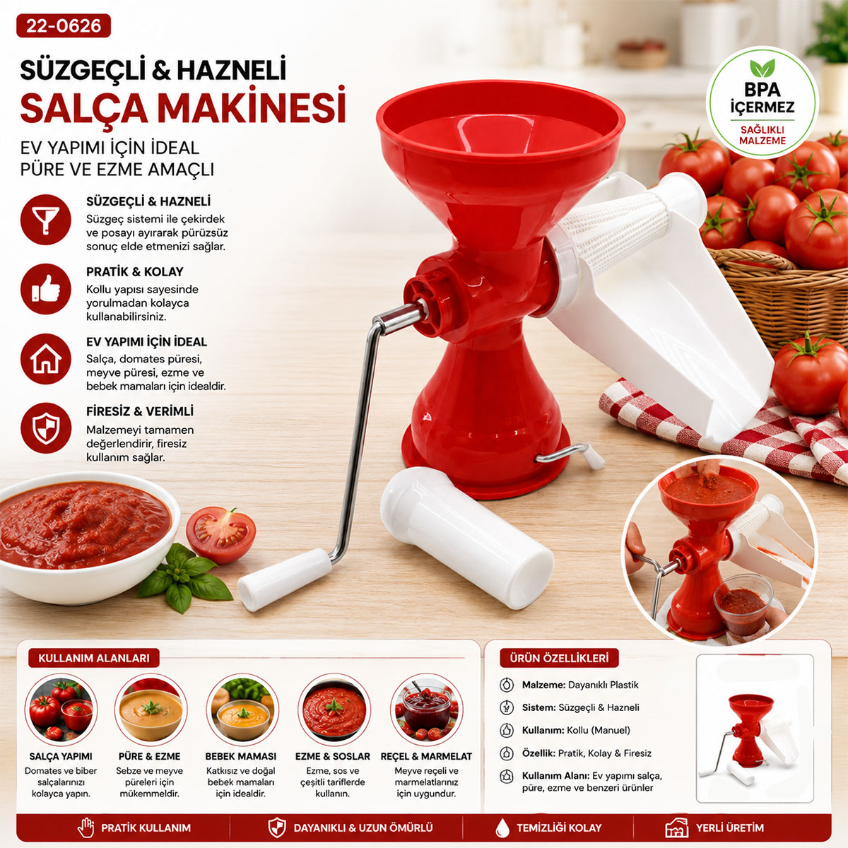 Plastik Süzgeçli Hazneli Salça Makinesi (Metal Kollu)
