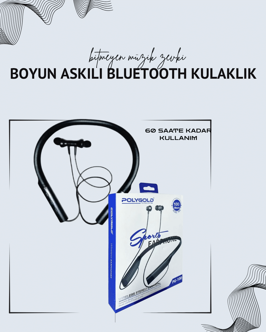 Polygold PG-100 Boyun Askılı Kablosuz Kulaklık – 200 Saat Bekleme Süresi, Stereo Ses, Mikrofonlu