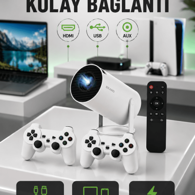 Portatif 4K Projeksiyon – 4.000 Uygulama, Kablosuz Yansıtma ve Bluetooth 5.0 Yeni Nesil