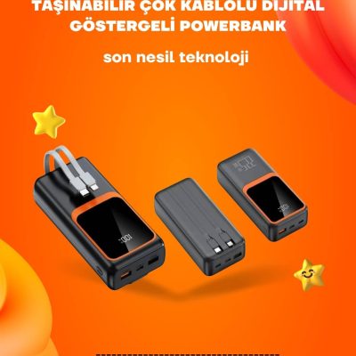 Powerbank 20000 mAh | 22.5W Hızlı Şarj, Dahili Kablolu, LCD Ekranlı Şarj Cihazı