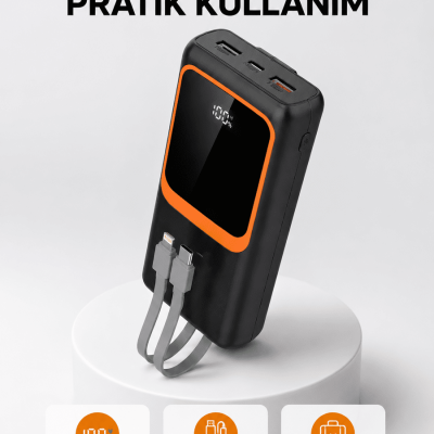 Powerbank 20000 mAh Dijital Ekranlı ve Çok Kablolu Hızlı Şarj Cihazı