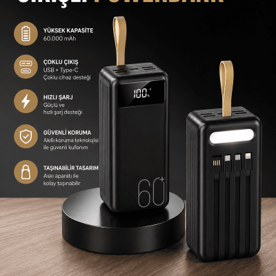 Powerbank 60.000 MAH 4 Portlu Uzun Şarj Süreli Dijital Göstergeli